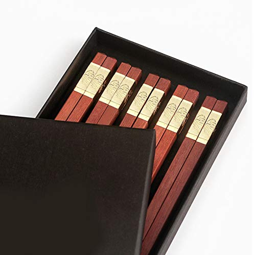 Juego de regalo de palillos de madera reutilizables con estuche, palillos aptos para lavavajillas, palillos cuadrados de madera china, palillos de madera natural, 5 pares de palillos para principian