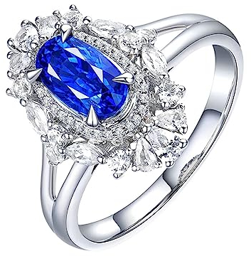 Engagement Ring White Gold, Vintage Ringe Damen Cluster Blume Labor Geschaffener Saphir 1.55ct Ovale Form Blau Eheringe Gr.65 (20.7) 18K Weißgold
