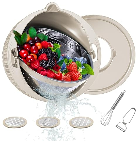 VAYEX Ensemble de passoires 4 en 1 pour cuisine - Bol de lavage pour fruits et légumes avec passoire rotative, râpe à couvercle - Passoire rotative avec éplucheur et fouet