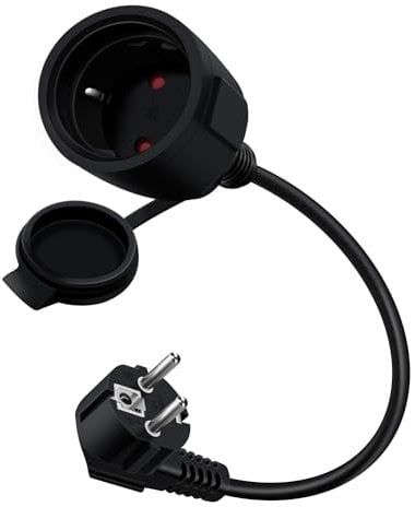 HuaLiSiJi Prolunga Corta Schuko 90 Gradi 16A 250V Mini Prolunga Schuko Prolunga Schuko IP44 per Esterno o Interno, Casa, Ufficio (Nero, 0.3m)