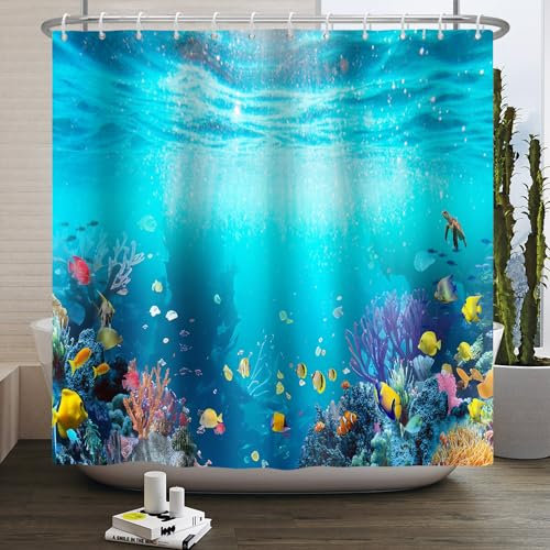 SDOTPMT 122x183cm Monde sous - Marin Rideau de Douche sous - Marin coloré Corail Poissons tropicaux Animaux sous - Marins thème Rideau de Douche Enfants Salle de Bains Crochet décoration