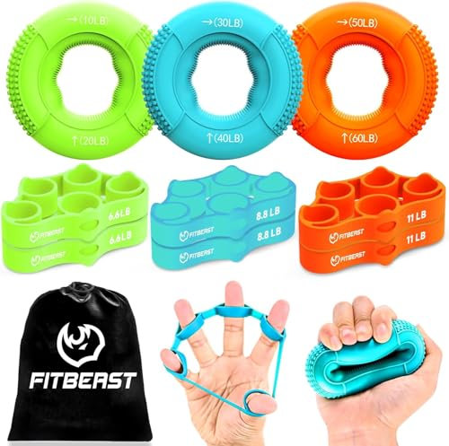 FitBeast Entraîneur de Préhension, Exerciceur de Doigts, Renforceur de l'Avant-bras Kit - 9 Pack, Renforçateur de Poigne des Mains pour Force Ciblée, Soulagement & Récupération (Orange)