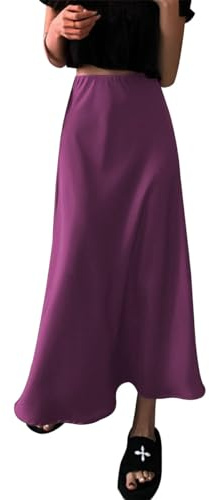Women Satin Silk Skirt A Line Elastic High Waist Ruffle Long Maxi Skirt Solid Color Mermaid Skirt Formal Evening Party Skirts Purple L