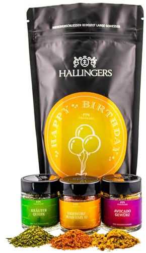 Hallingers Genuss Manufaktur Feinkost Geburtstagsgeschenk-Set - wertig in der Wundertüte Happy Birthday ... kleiner Geburtstagsgruß mit 3 Gewürzen Kräuter, Ei & Avocado, Geschenke für Frauen Männer