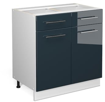 Vicco Küchenunterschrank Fame-Line, Dunkelblau Hochglanz/Weiß, 80 cm, AP Marmor