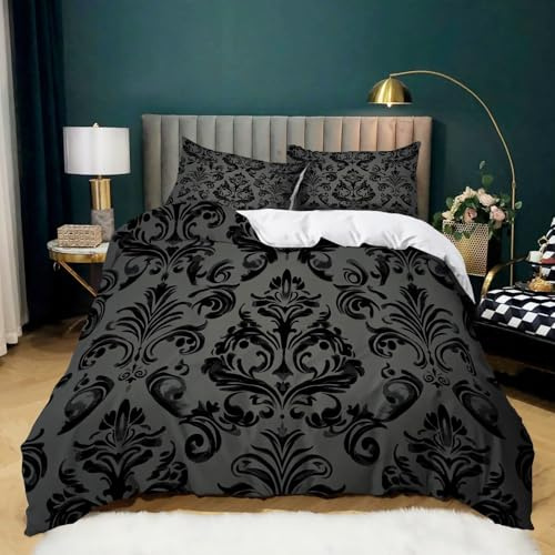 Bettbezug Dunkelgrau Drucken Bettbezug Set 180 x 200 cm Bettwäsche für Kinder Mädchen Frauen Damast Dunkelgrau Kunstmuster Muster Mikrofaser Bettbezug Set und 2 Kissenbezug 80x80cm