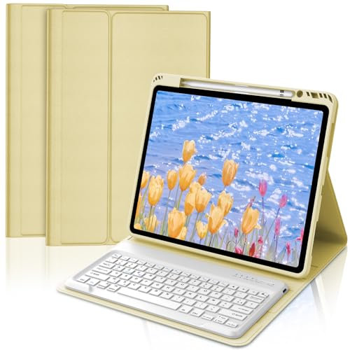 FOGARI Coque Clavier pour iPad Pro 12.9 2018/2020/2021/2022, AZERTY Français Étui Clavier Magnétique Bluetooth sans Fil pour iPad Pro 12.9 6è/5è/4è/3è Gén, Jaune