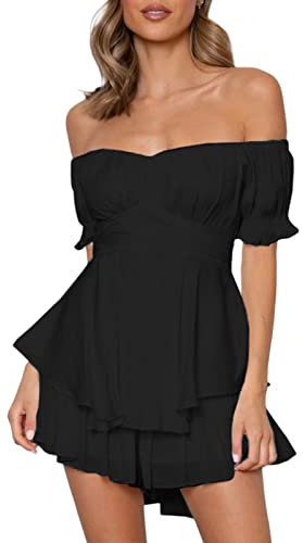 LYSINK Women Romper Dress Short Puff Sleeve Short Sleeve Off-Shoulder Ruffle Romper A Line Flowy Swing Beach Dress Summer Sundress (Ba Black, S)