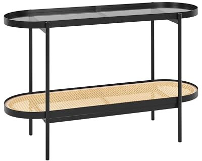 Beliani Konsolentisch Metall Glasplatte Wiener Geflecht schwarz/Heller Holzfarbton Reno