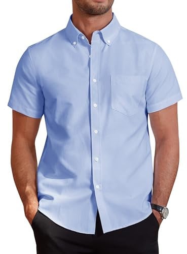 J.VER Men's Blue Short Sleeve Shirts Non Iron Regular Fit Smart Casual Shirt Wedding Office Work Summer Button Down Oxford Cotton Shirt 3XL