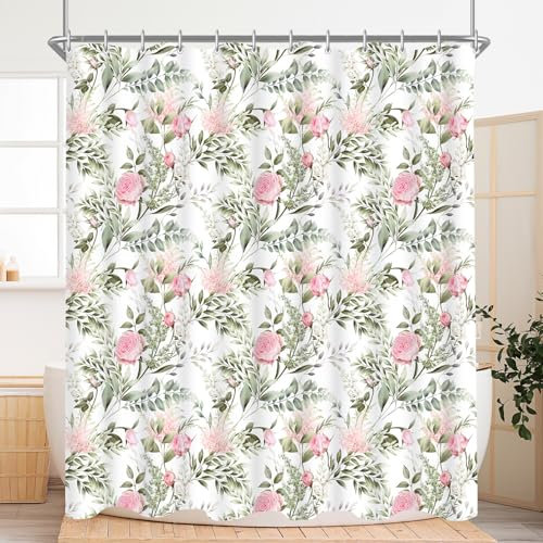 Lerores Duschvorhang 180x200cm Rosa Rosen, Beschwerter Saum Antischimmel Textil, Wasserabweisend, Waschbar Polyester Stoff Badevorhänge für Badezimmer, Badewanne mit 12 Duschvorhangringe