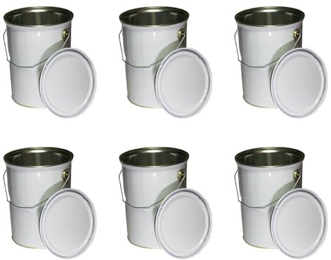 Empty 5 Litre Metal Paint Bucket Tin Cans Complete With Lids, Pack of 6 5000ml Storage Containers for Solvent Paints