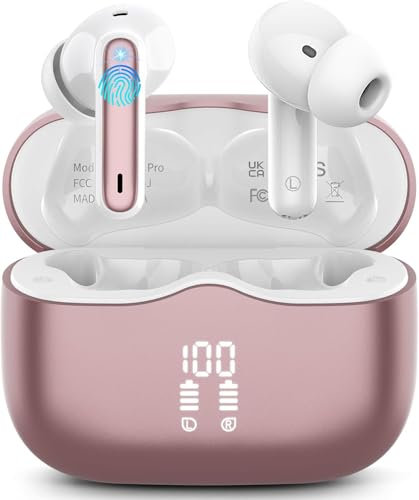 Wireless Earbuds, Bluetooth 5.3 Headphones in Ear buds with 4 ENC Noise Cancelling Mic, 40H Wireless Earphones Stereo Deep Bass, IP7 Waterproof Bluetooth Earbuds with Dual LED Display USB-C, Rose