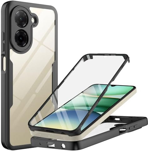MQERYBV Kompatibel mit Xiaomi Redmi A5 4G Hülle, 360°Grad vollschutz Stoßfest Handyhülle Transparent Rugged Schutzhülle Silikon Bumper Cover mit eingebautem Displayschutz Schwarz