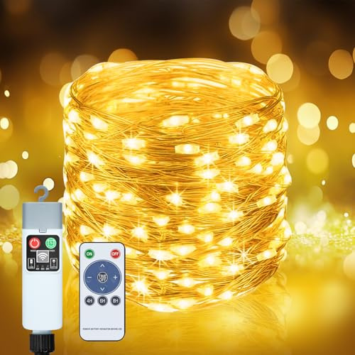 Bzavor Lichterkette Aufladbare Batterie Timer,10M 100 LED Wiederaufladbare Lichterkette 3 Timer 8 Modi Merkfunktion IP65 Wasserdicht Lichterketten Kupferdraht Batteriebetrieben Fairy Lights für Garten