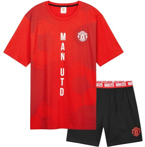 Get Trend Manchester United F.C. Mens Pyjamas Set Short PJs Soft Breathable Nightwear Sleepwear Summer Lounge Set Mens Gifts (XL, Black/Red Man United)