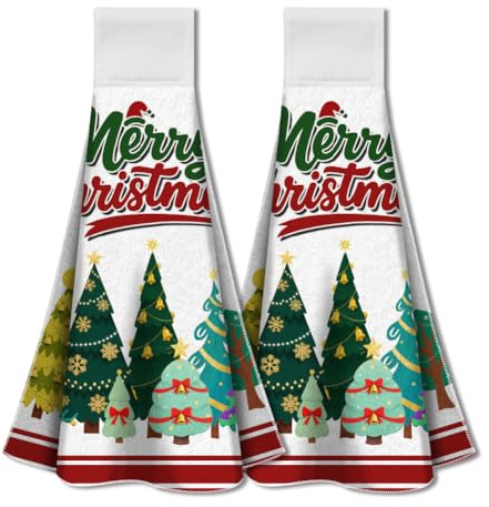 WADORN 2 Pack Küchenhandtücher Zum Aufhängen Mit Weihnachtsbaum Schlaufe, Handtuch Mit Aufschrift 'Frohe Weihnachten Im Winter' Mikrofaser Weich Saugfähig Zum Aufhängen Tee Waschlappen 31.5x34.5cm