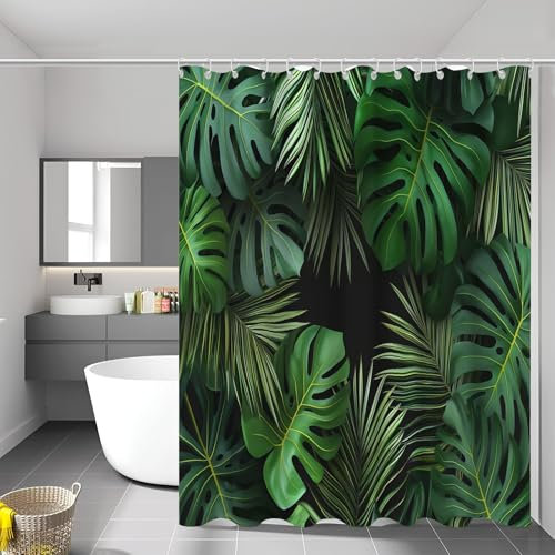 Cortina de Ducha 180 x 180 cm, Cortina de Ducha Verde para Habitación Húmeda, Tropical Impermeable Lavable Plegable Cortinas de Baño de Hojas De Palma Monstera, con 12 Ganchos