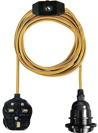 LEDSone Ceiling Pendant Light Fitting with E27 Plug-in Lamp Holder 4m Fabric Cable - Dimmer Switch and UK Plug for DIY Lighting Hanging Lamps and Home Décor (Gold)