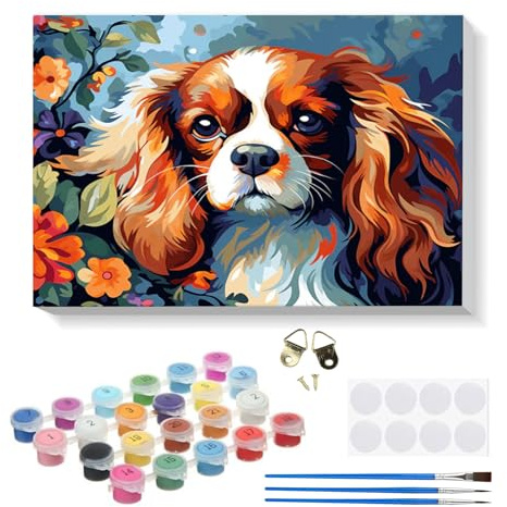 RICUVED Dog Paint by Numbers Kit with Frame for Adults Children– DIY Animal Acrylic Painting by Number Canvas Set with Brushes and Pre-Printed Numbered Canvas – Creative Wall Art Gift 30X20 CM