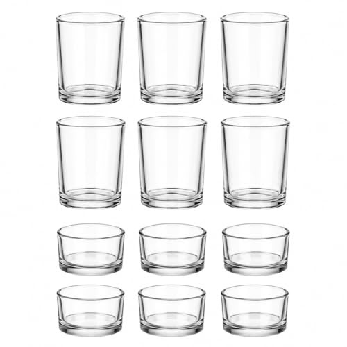 LETINE 12 Stück Teelichtgläser Set, Klar Teelichthalter, 2 Stile Glas Kerzengläser(Ø5,3cm*6,3cm | Ø4,8cm*3,5cm), Teelichthalter Glas für Weihnachten, Festivals, Hochzeiten, Heimdekoration