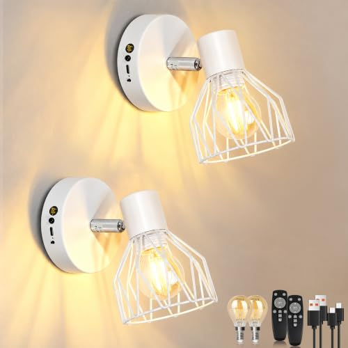 Dehobo Rechargeable Wall Lights for Living Room with LED Bulbs, White 2 Set | Battery Operated Wall Sconces, Rechargeable Wall Lamps with Remote Control, Wireless Wall Light for Bedroom Living Room