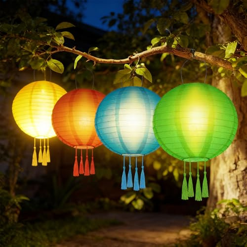 NAVESO 4 Stück Solar Lampions Außen Wetterfest, 25cm Lampions LED Solar, SolarLampions Outdoor, Solarlampen Lampions, Gartenlaterne Hängend, Solar Beleuchtung Laterne, Balkon Deko
