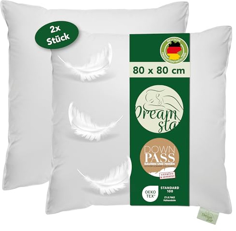 DREAMSTAR Daunenkissen 80 x 80 cm [2er Set] | 3-Kammer Daunenkopfkissen | Kopfkissen 80 x 80 Daunen & Federn | Kissen Öko-TEX® | Top Hotelqualität | Allergiker geeignet