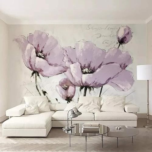 Minimalist Hand Drawn Purple Flowers Art 3D Wallpaper Easy Install Feature Office Living Room Sofa Bedroom TV Background Wall Decoration-250cm×170cm