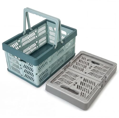 Brezento 2 Stück Klappboxen mit Henkel 20L, 38x25x20cm, Grau + Blau | Faltbarer Aufbewahrungskorb Plastik, Stabile Klappkiste Stapelbar Einkaufskorb für Auto Kofferraum, Küche, Bad, Büro, Camping