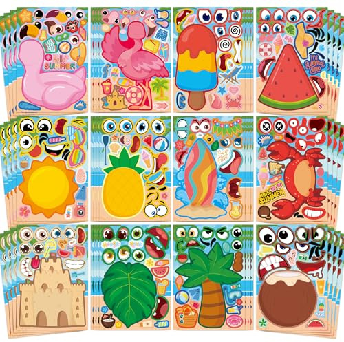 Funnlot 48 Stück Sommer Sticker Set,Make a Face Aufkleber Kinder | Sticker Kinder,Sticker Set,Kindergeburtstag Gastgeschenke,SchultüTen Bastelset Strandparty Reisespiele,Klassenaktivitäten