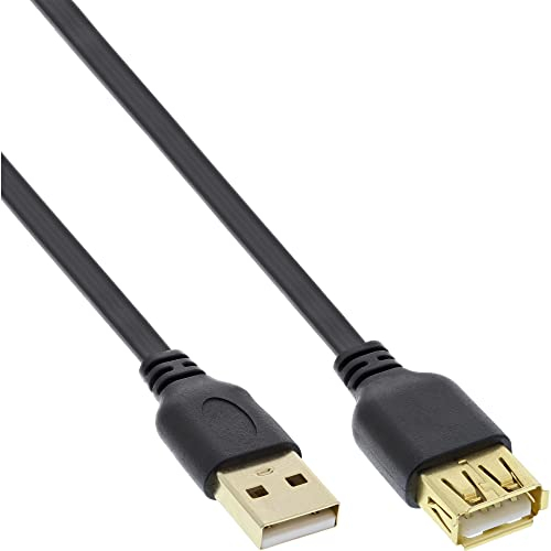 InLine 21476 Cavo USB 2.0, Piatto, Prolunga, Type-A, Maschio/Femmina, Pin Dorati, 3 m, Nero