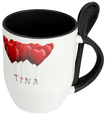 Namenstasse Tina - Löffel-Tasse mit Namens-Motiv Herzballons - Becher, Kaffeetasse, Kaffeebecher, Mug - Schwarz