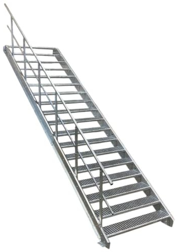 18 Stufen Stahltreppe mit einseitigem Geländer/Breite 90cm Geschosshöhe 299-360cm / Robuste Außentreppe/Wangentreppe/Stabile Industrietreppe für den Außenbereich/Inklusive Zubehör