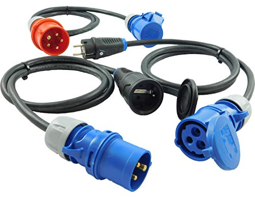 NWP Adapter SET 3-teilig 3-Pol CEE Stecker Kupplung auf 5-Pol CEE Stecker Schuko Stecker Kupplung 16A - 1,5m Anschlussleitung 3x2,5mm² Gummischlauchleitung - IP44