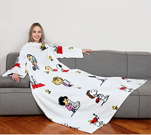 Kanguru Decke mit ärmeln, Sofa-Decke 180x140, kuscheldecke zum anziehen mit zentrale Tasche, weiche Flannel mikrofaser, tv tagesdecke, fleecedecke, tragbare Oversize Peanuts