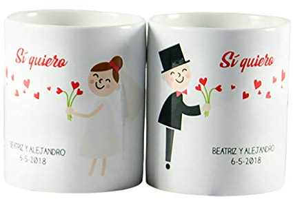 Calledelregalo Regalo personalizable para novios: pack de tazas 'Sí quiero' personalizadas con sus nombres y fecha de la boda