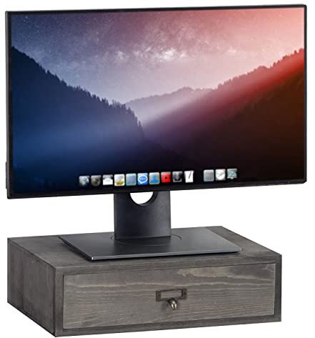 MyGift Rustic Grey Wood Desktop Monitor Stand with Pull Out Storage Drawer