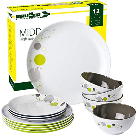 Brunner: Melamin-Geschirr Campinggeschirr (Antislip), 4 Personen (12 Teilig), Space Midday, Grill Und Picknick