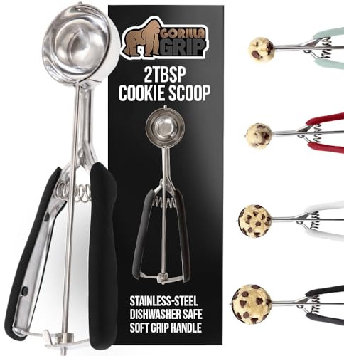 GORILLA GRIP BPA-Free 304 Stainless Steel Cookie Scoop, 2 TBSP Scooper #40, Soft Grip Handle, Easy Food Release, Create Even Portions, Multipurpose Kitchen Melon Baller, Meatball Spring Scoops, Black