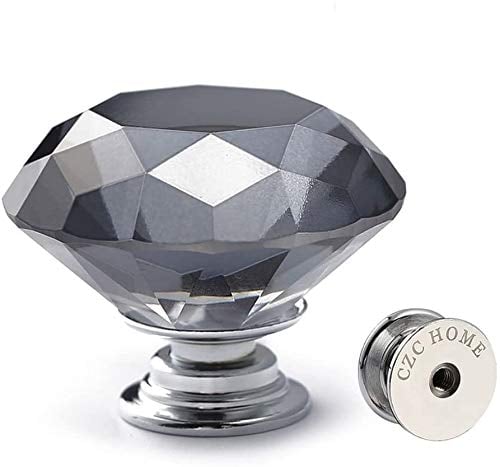 CZC HOME 10pcs 30mm Crystal Glass Door Drawer Knobs Diamond Cut Drawer Handles with 3 Sizes Screws for Cupboard Cabinet Wardrobe Home Decorating, Grey
