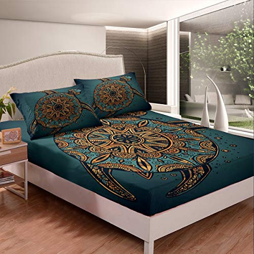 Loussiesd Meeresschildkröte Bettlaken Set Boho Mandala Gedruckt Spannbetttuch 140x200cm Für Kinder Kleinkind Teenager Böhmisches Reptil Spannbettlaken Ozean Marine Bettdecke Schlafzimmer Dekor 3St