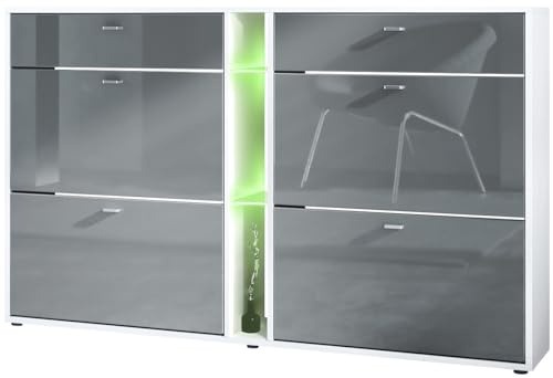 Vladon Schuhschrank Schuhkipper Today 155,5 x 95 x 28 cm, mit RGB LED Beleuchtung, Made in Germany, Korpus in Weiß matt, Fronten in Grau Hochglanz