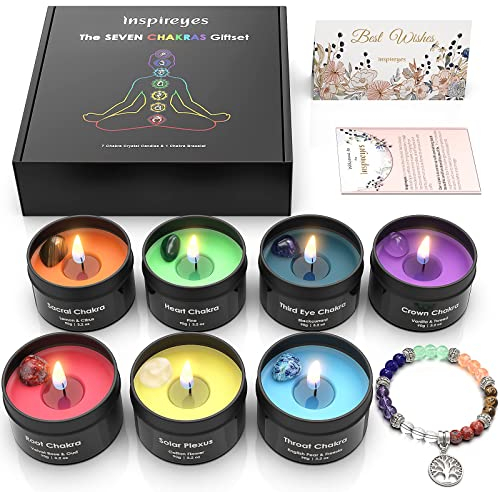 Inspireyes Chakra Candles with Premium Crystal and Healing Stones, Luxury Meditation Scented Candles Gift Set for Women, Stress Relief Spiritual Healing Candles for Yoga, Aromatherapy