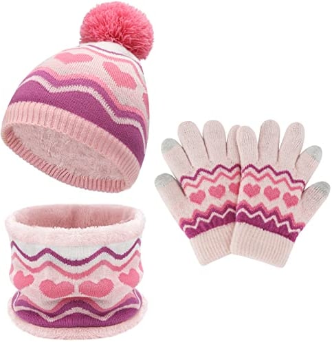 Bequemer Laden Winter Mütze Kinder Loop Schal Handschuhe Set Warm Bommelmütze Wintermütze Strickmütze Thermo Schlauchschal Winterhandschuhe Strickhandschuhe für 2-7 Jahre Jungen Mädchen, Y-Rosa
