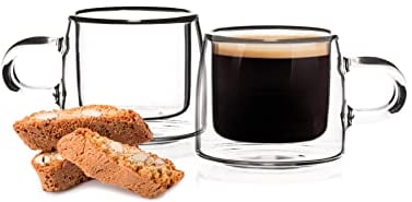 HOMLA Cembra - Juego de 2 tazas de cristal de doble pared para café, té, latte macchiato capuccino, apto para lavavajillas, altura de 5,5 cm, altura de 0,08 l