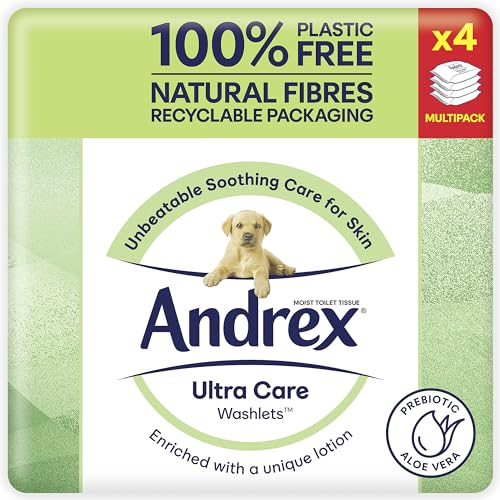 Andrex Ultra Care Washlets - Soothing Care For Skin - Wet Wipes Contain Aloe Vera and Probiotics - Flushable, Plastic Free & Biodegradable, Pack of 4
