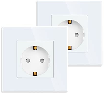 JIMEIDA Paquete de 2 tomas de corriente individuales en blanco, tomas Schuko de cristal de 16 amperios, montaje empotrado, contacto de toma de tierra, clavija de pared de 86 mm, 250 V, 1 compartimento