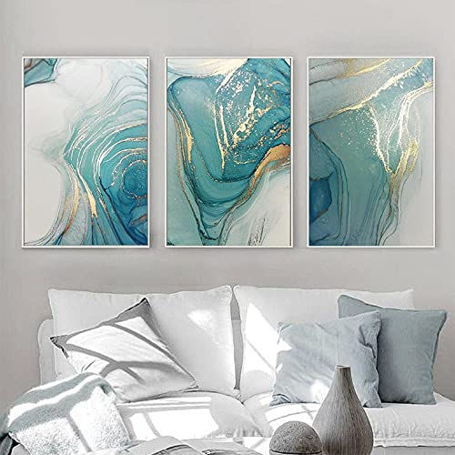 CPGG Drucke Wandkunst Luxus Abstrakte Flüssigkeit Kunst Poster Alkohol Tinte Türkis Und Gold Wandkunst Leinwand Gemälde Moderner Druck Wohnzimmer Dekoration 40x60cmx3 Ungerahmt, Schwarz & Weiß