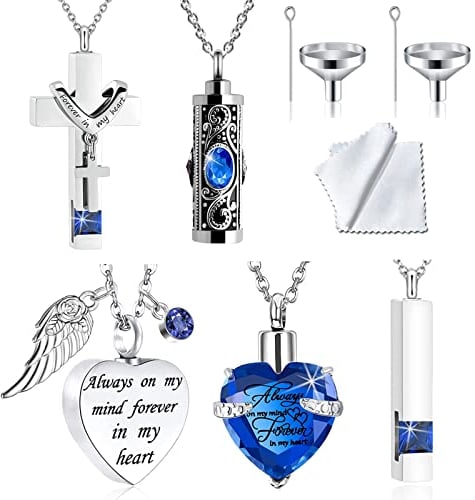 5 Pieces Cremation Urn Necklace Heart for Ashes Crystal Heart/Cross/Cylinder/ Cubic Memorial Locket Stainless Steel Pendant Necklace for Women Men Keepsake (5 Piece Set - Blue)